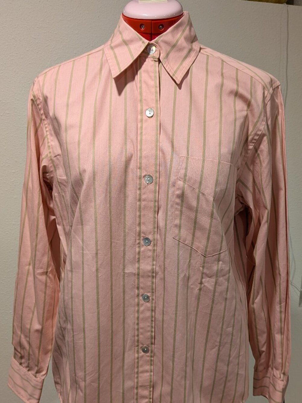 VTG Jones Jeans Medium Button Cotton Stripe Long Sleeve Shirt Rose Pink/Taupe